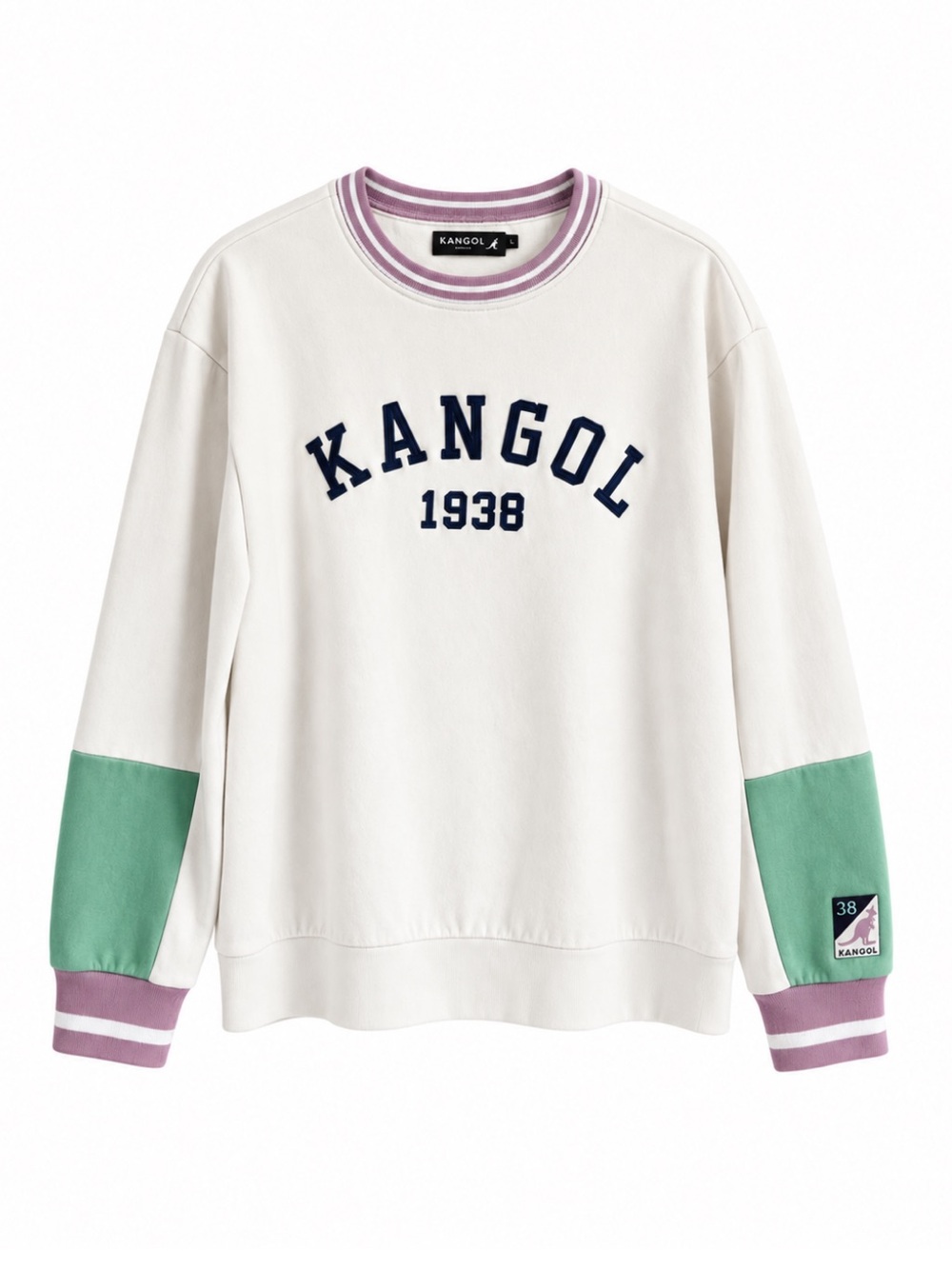 Kangol White Embroidered Logo Crewneck Sweatshirt w Mint & Lilac Accent – Large